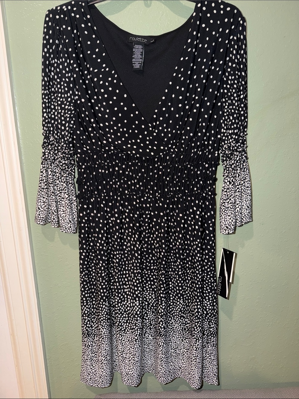 Beautiful by Roulette, Black and White Polka Dot V-Neck Smocked Waist Dress
